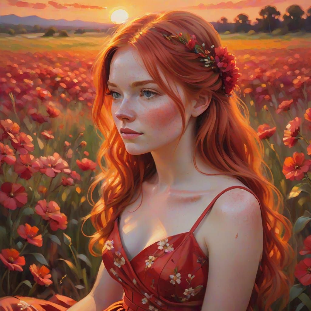 Red-Haired Girl in Red Flower Field: Impressionist Oil Paint...