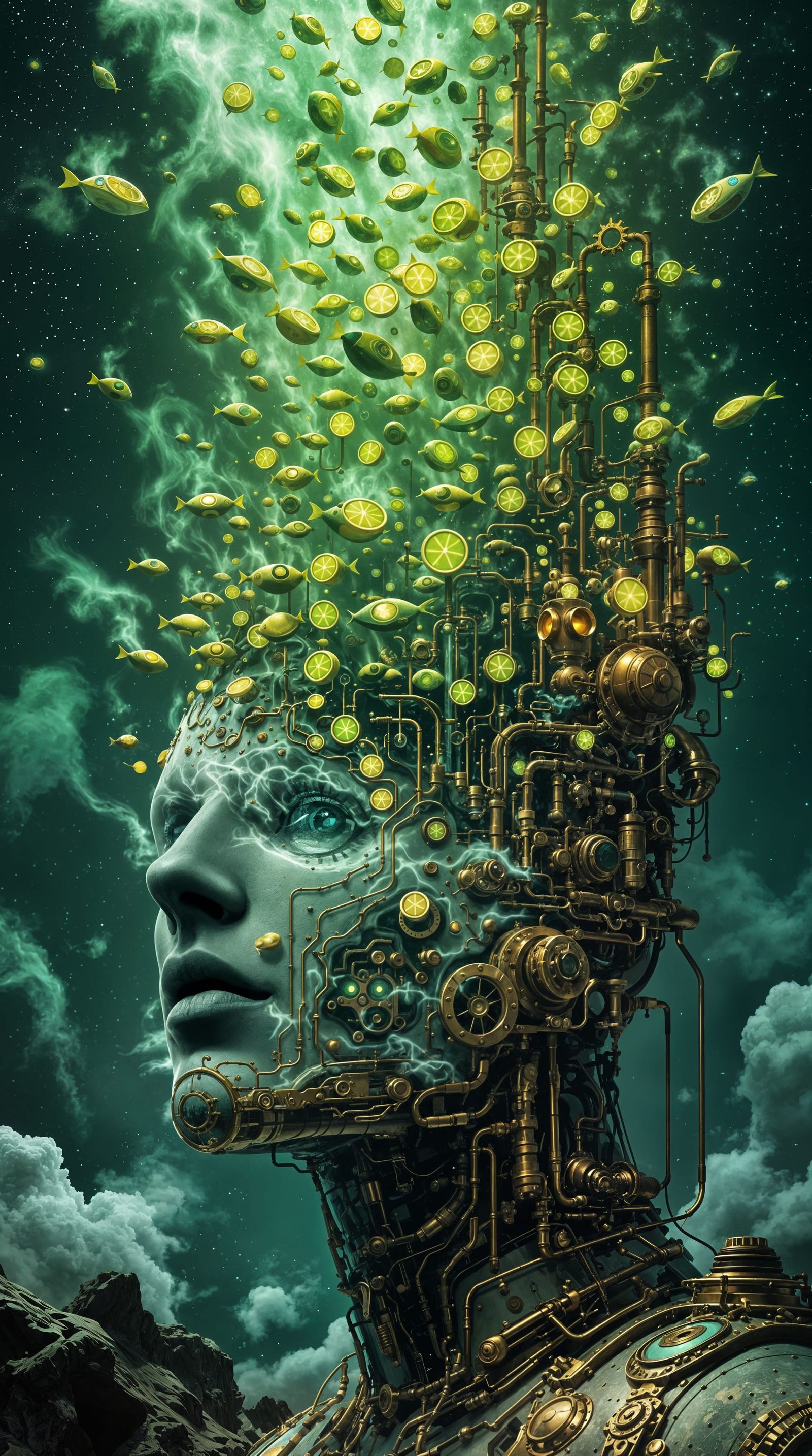 Colossal Man's Head Reveals Steampunk Submarines in Ethereal...