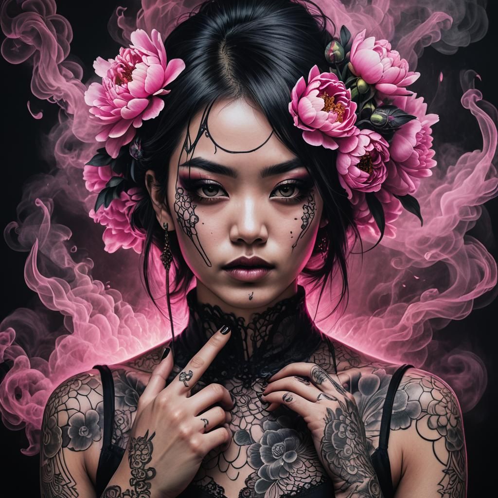 Gothic Asian Woman with Neon Tattoo, Hyperdetailed Drawing