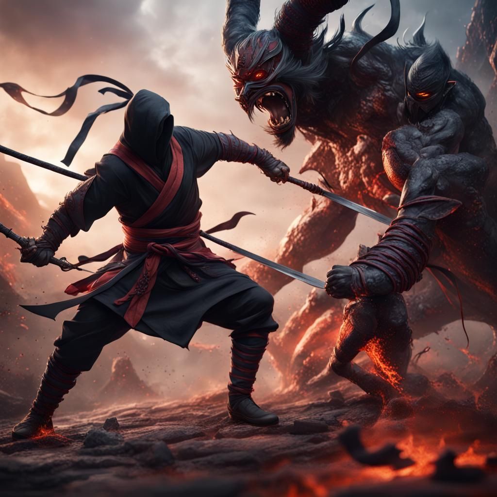 Ninja Battles Demon in Detailed Fantasy Art