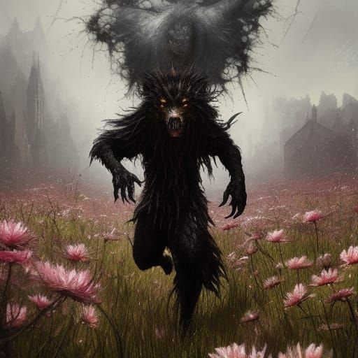 Gothic Werewolf Prancing Through a Flower Field