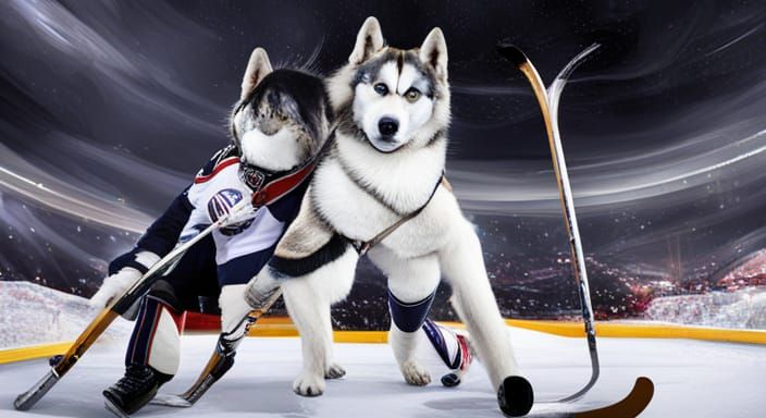 Husky playing ice hockey.