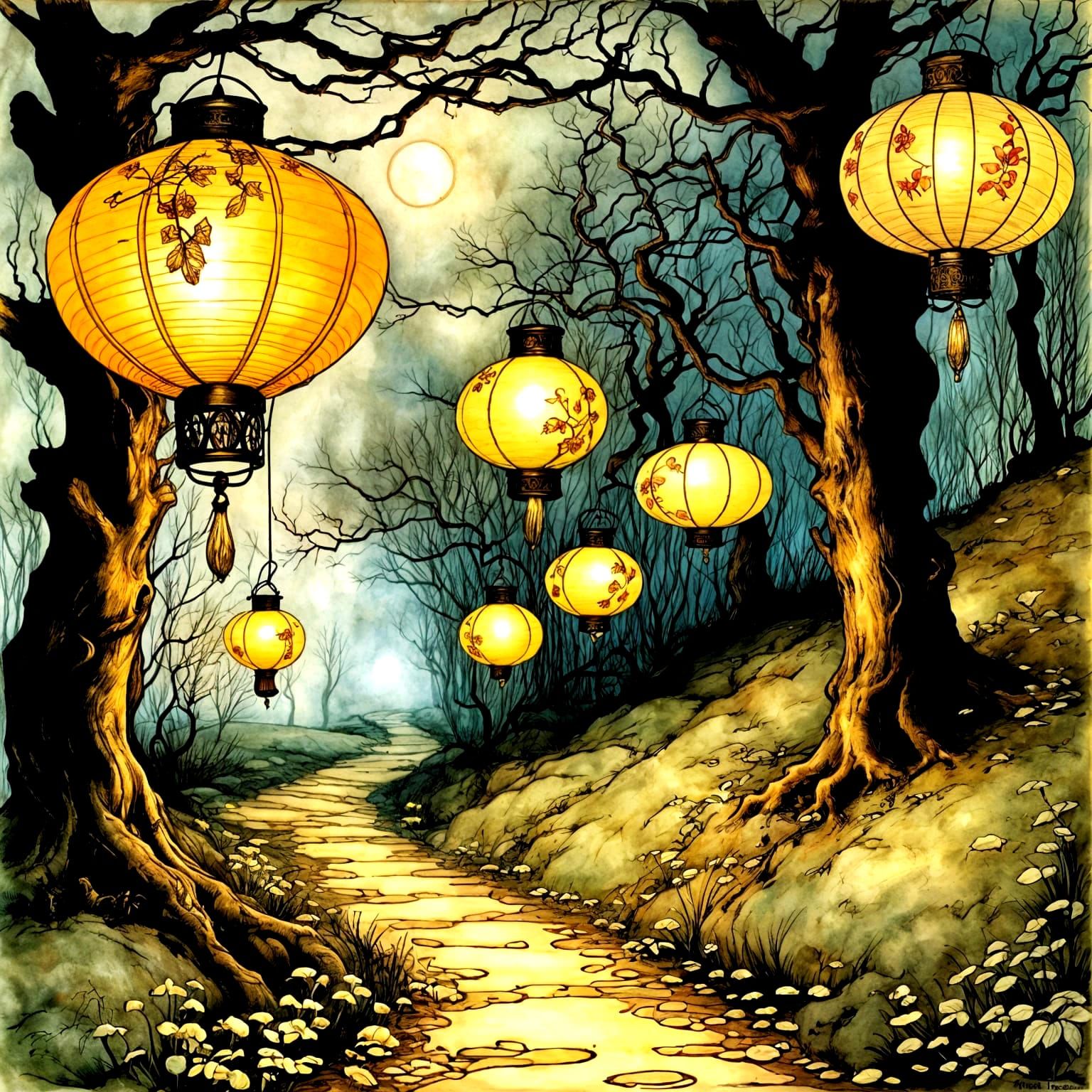 Beautiful stunning ornate old fashioned Fantasy Fairy lanterns, path