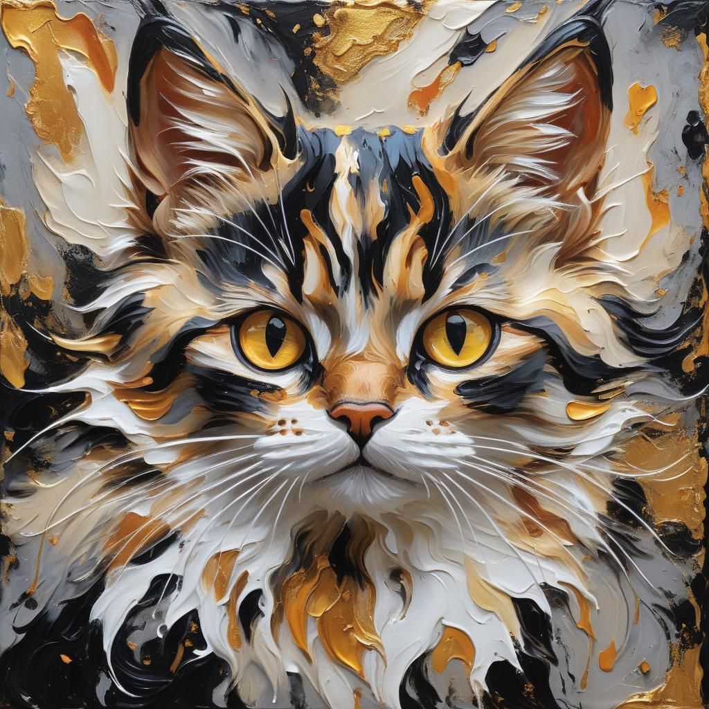 Abstract Impasto Painting of an Adorable Calico Cat