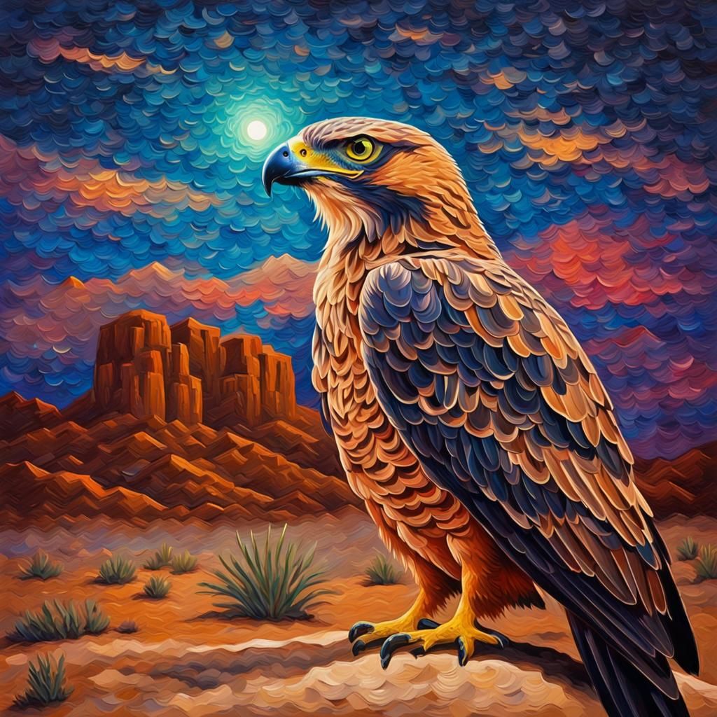 Hawk Portrait in Vivid Impasto Style on Starry Night