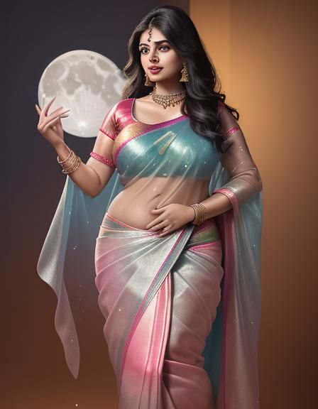 Curvy Woman in Rainbow Saree with Moon Backdrop
