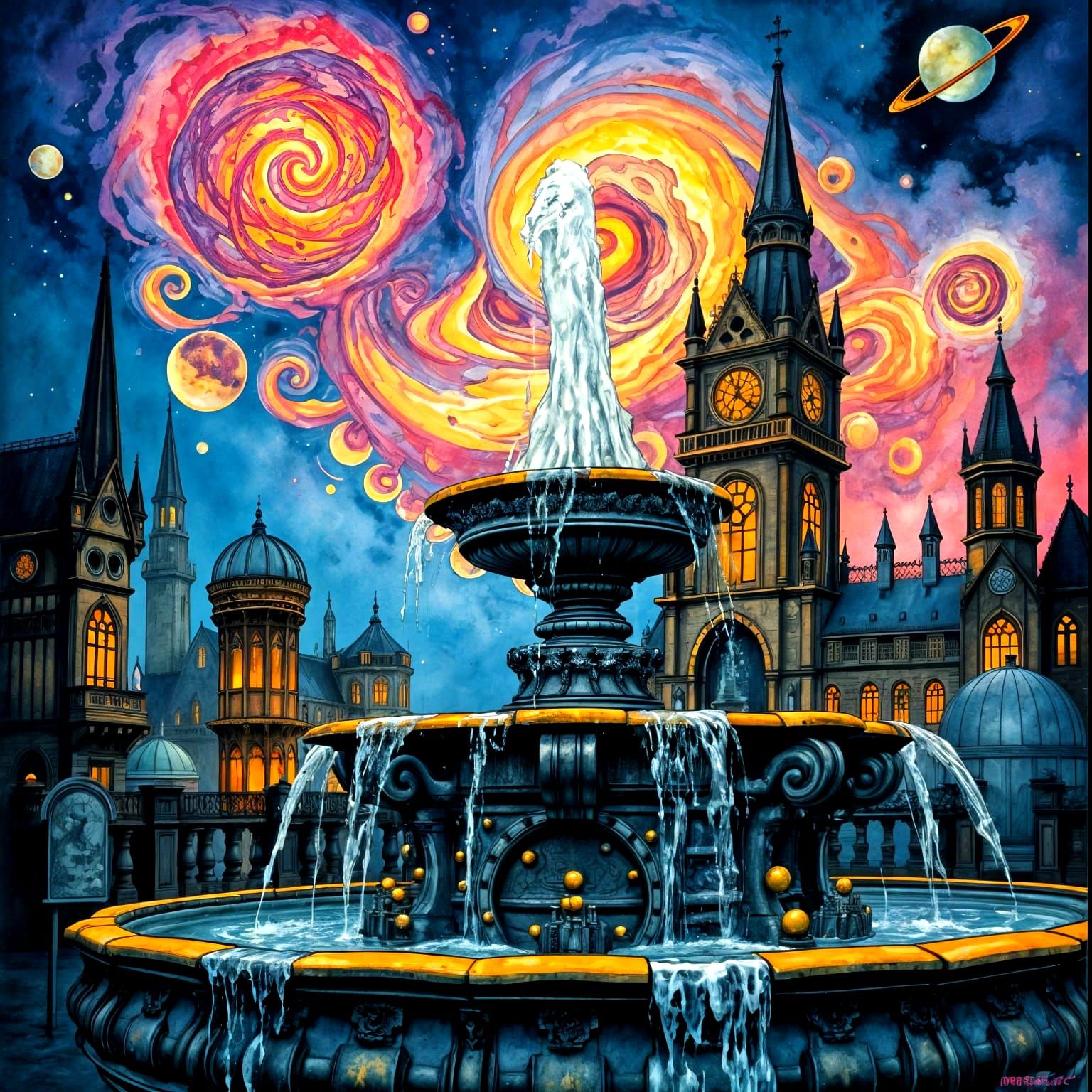 Gothic Fountain with Swirling Nebulae in Steampunk Style