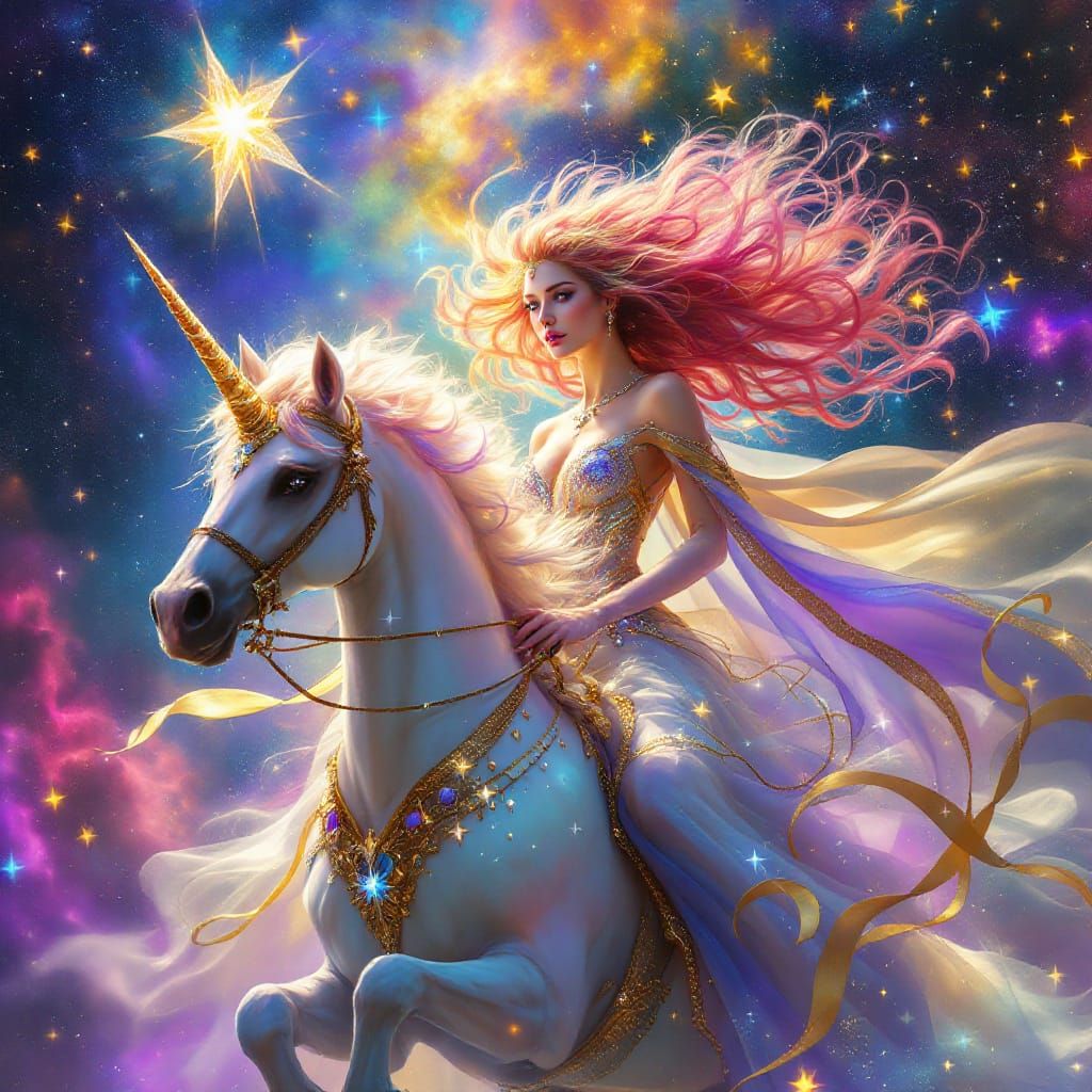 Star Woman Riding Galactic Alicorn Through Nebula