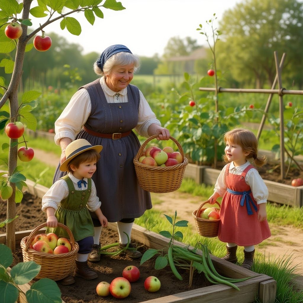 Grandchildren Help Grandma Harvest Apples and Pears