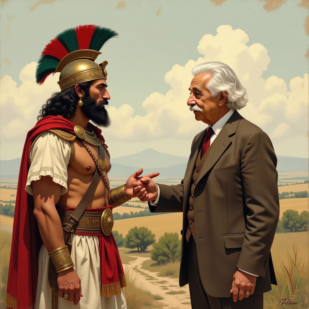Einstein Meets Etruscan Warrior in Nostalgic Setting