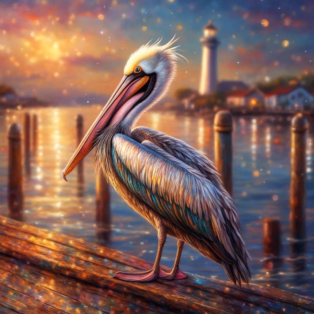 Pelican on Pier at Sunset with Gold Glitter