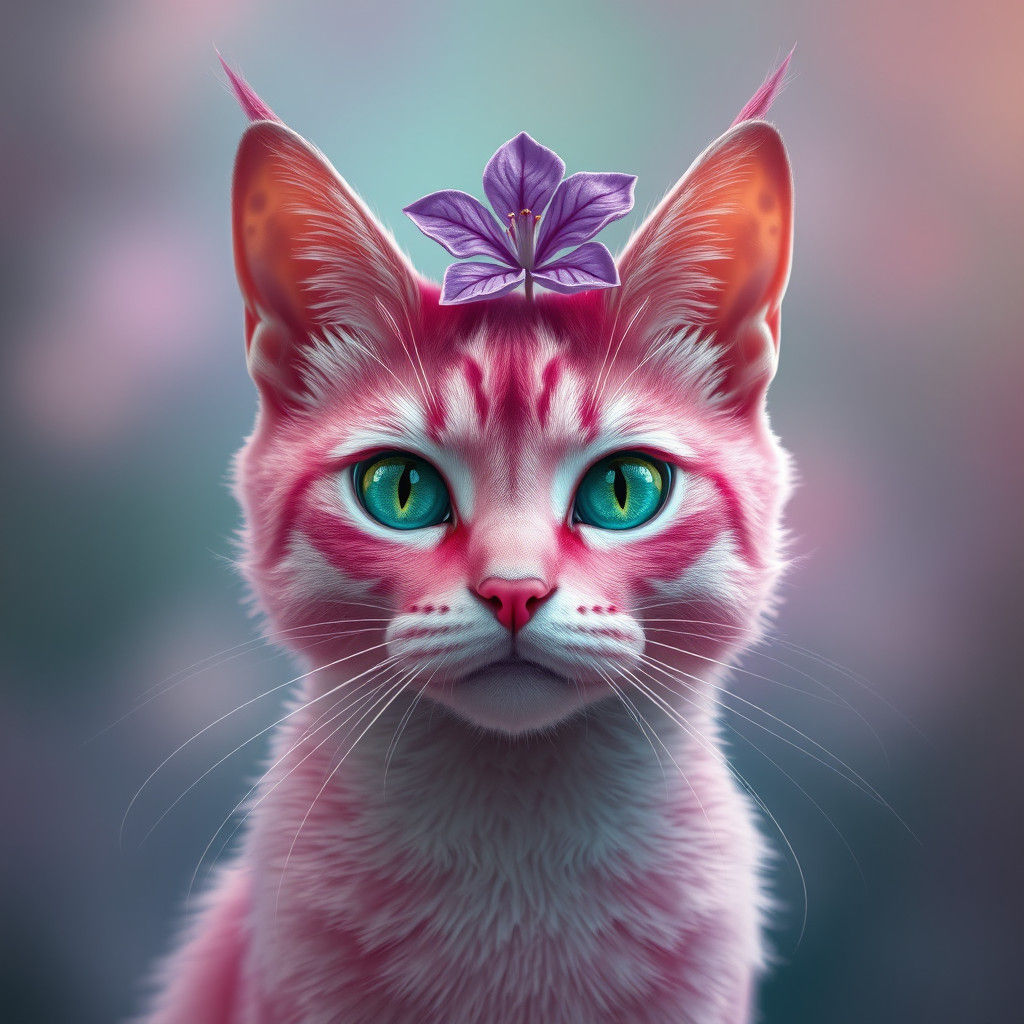 Pink Cat with Purple Flower: Fantasy Concept Art