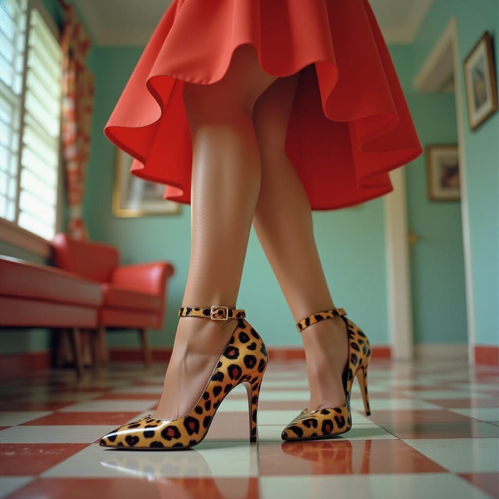1950s Pin-Up in Leopard Heels, Fisheye Lens
