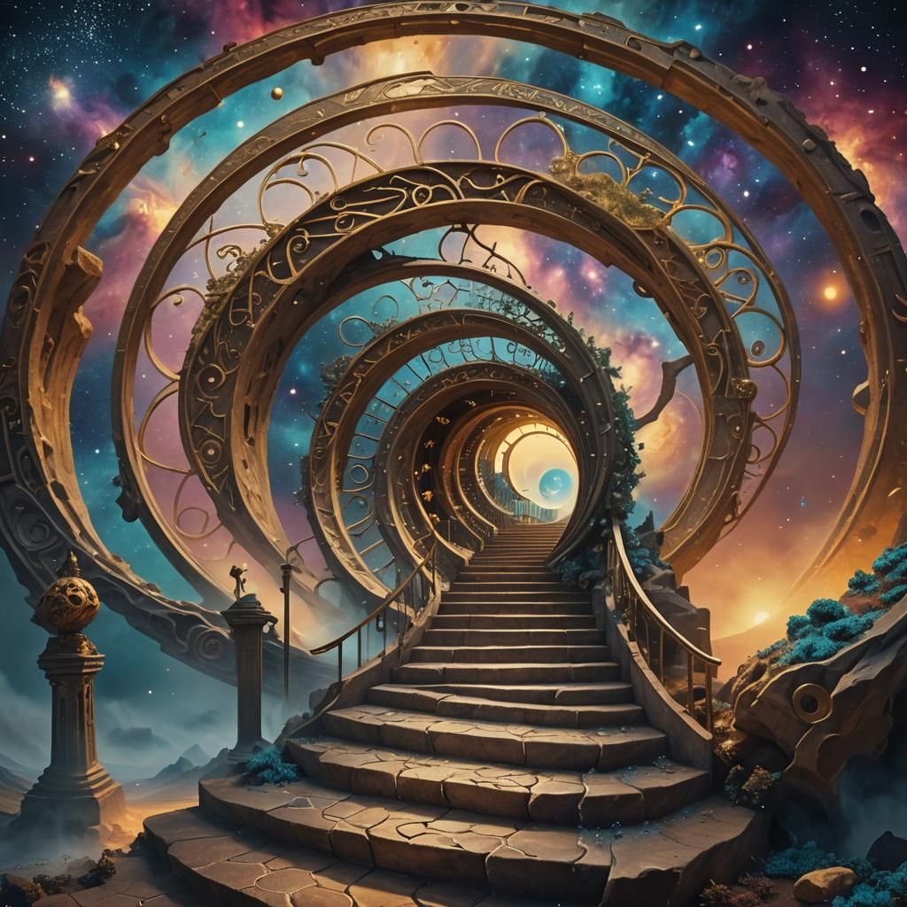 Runic Staircase to Galaxy Gateway: Surreal Cosmic Landscape