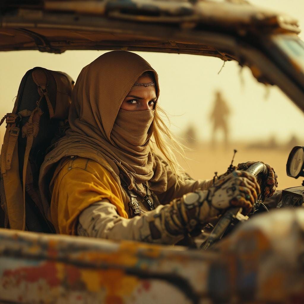 Veiled Desert Driver in Solar Punk Style