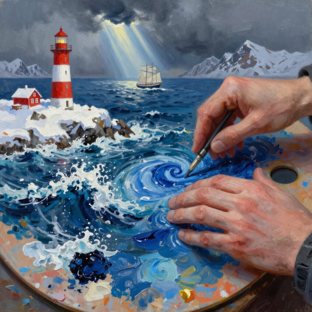 Artist's Hands Create Turbulent Ocean Scene
