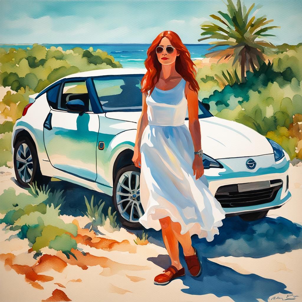 Woman Beside Green Nissan Z in Gouache Style