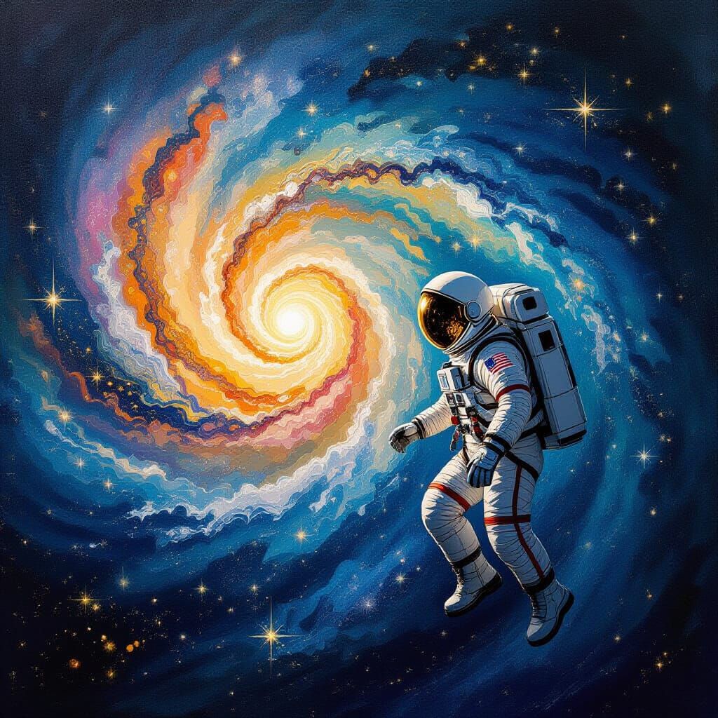 Astronaut Gazes at Galaxy Lace in Impasto Oil Painting