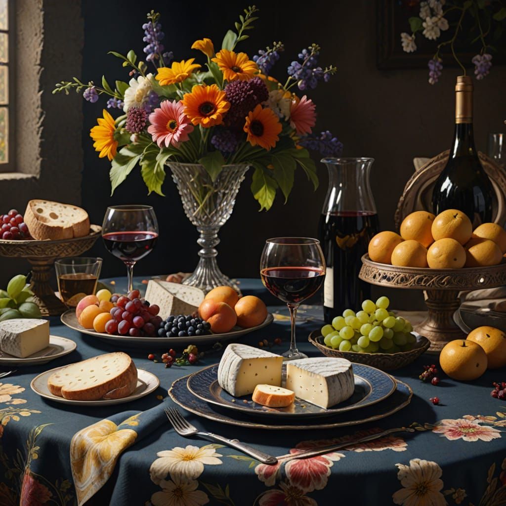 Surreal Wine and Cheese Still Life in Vibrant Colors