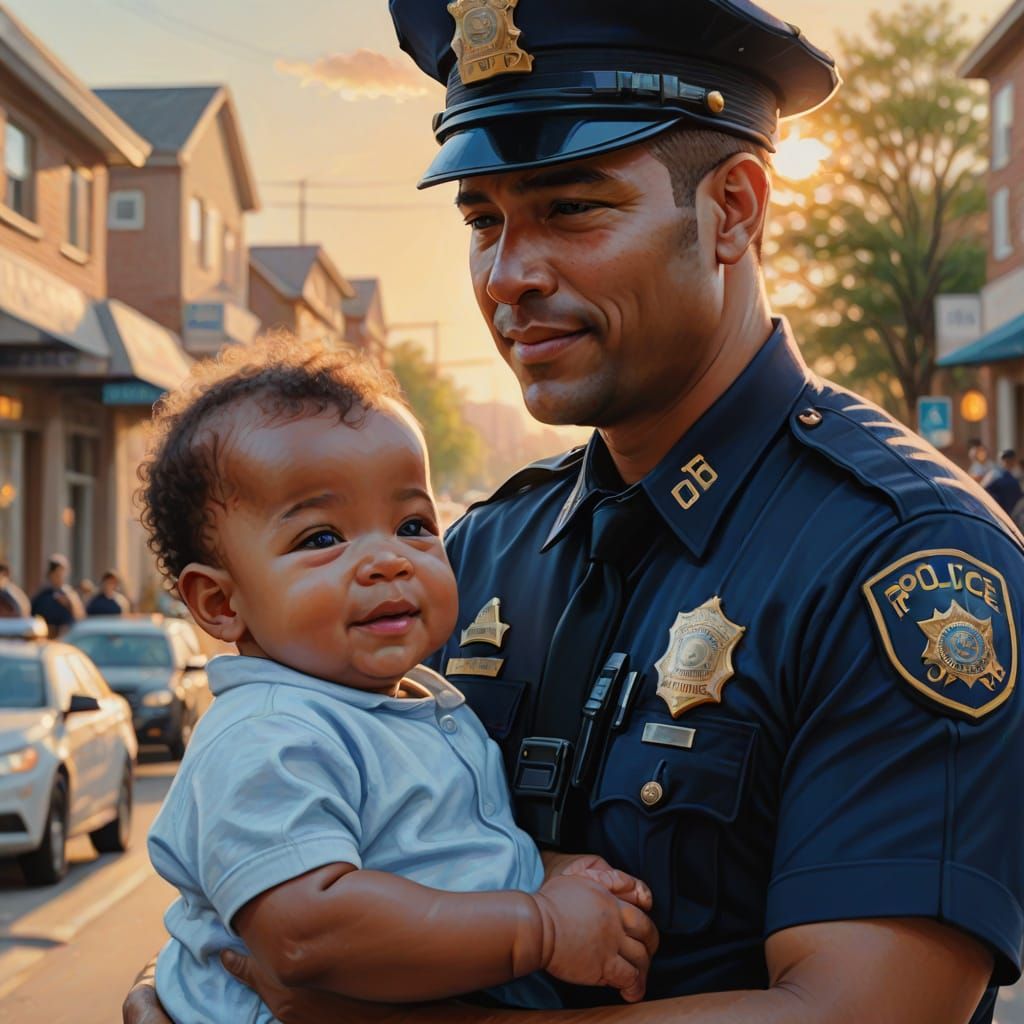 Police Officer Holding Baby in Digital Painting