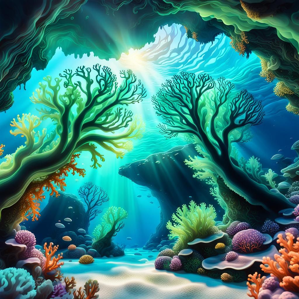 Bioluminescent Underwater Cave with Coral Reef