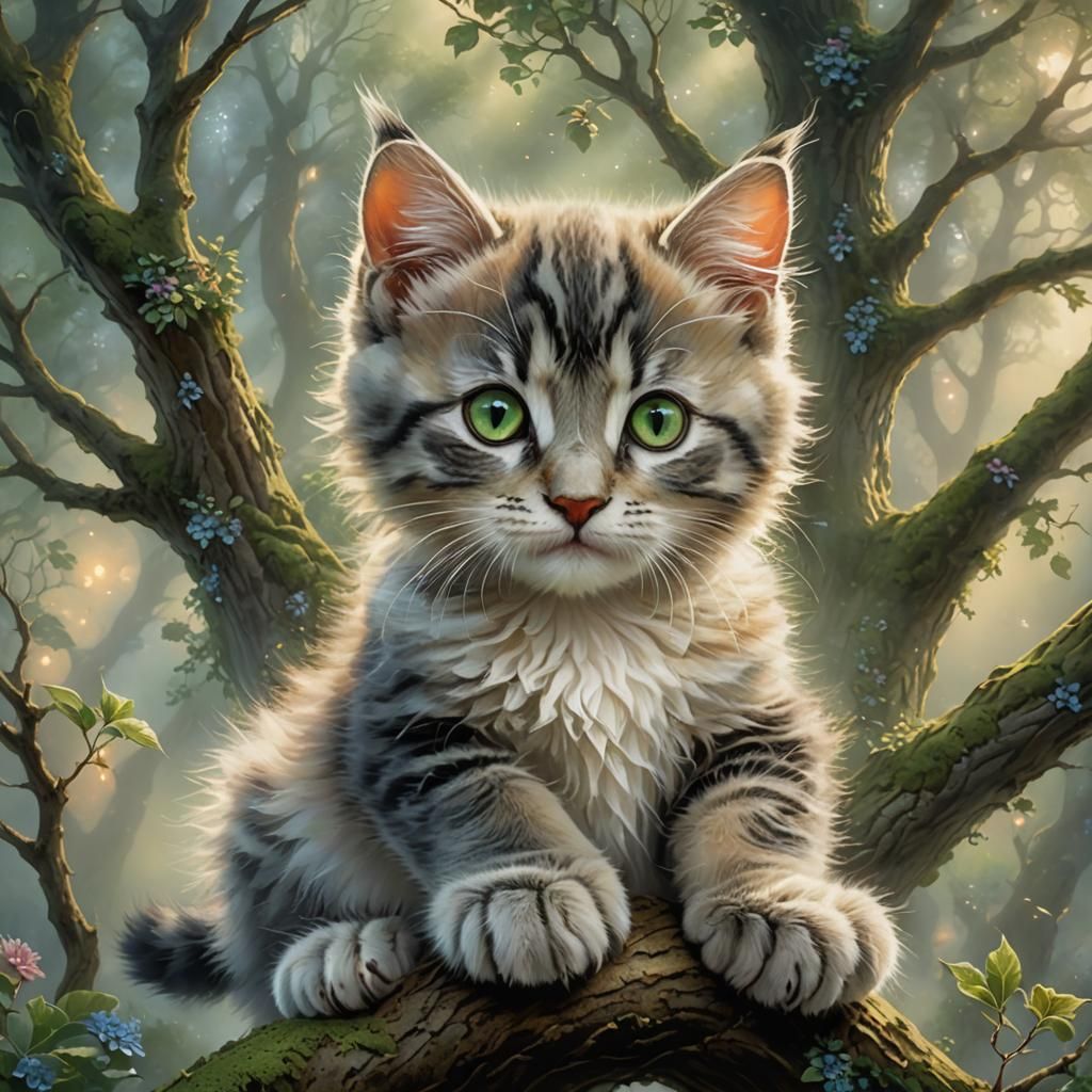 Cute Kitten in Tree, Ethereal Fantasy Art