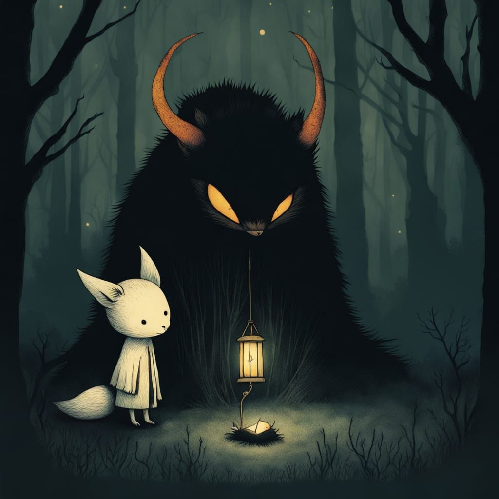 Child with Lantern Faces Nervous Monster in Spooky Forest