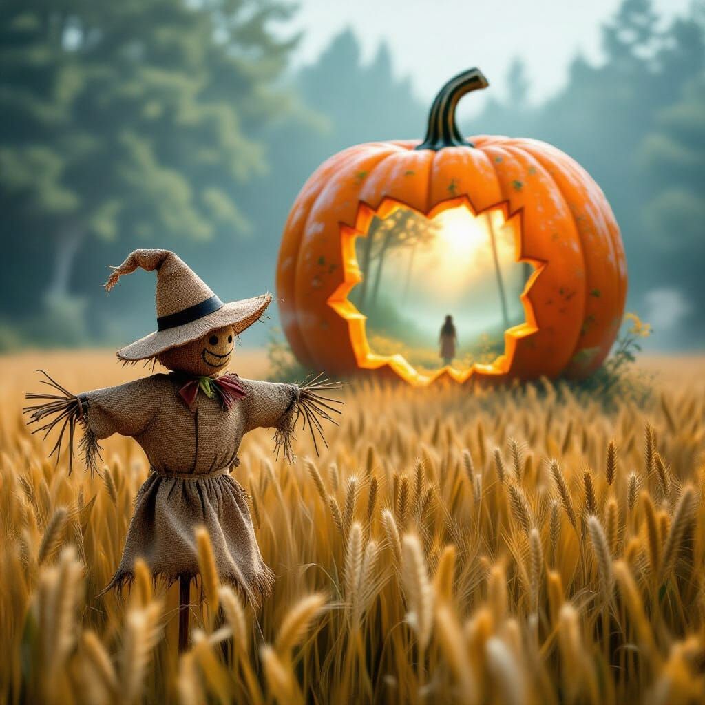 scarecrow stands in field of wheat in front of a pumpkin dre...