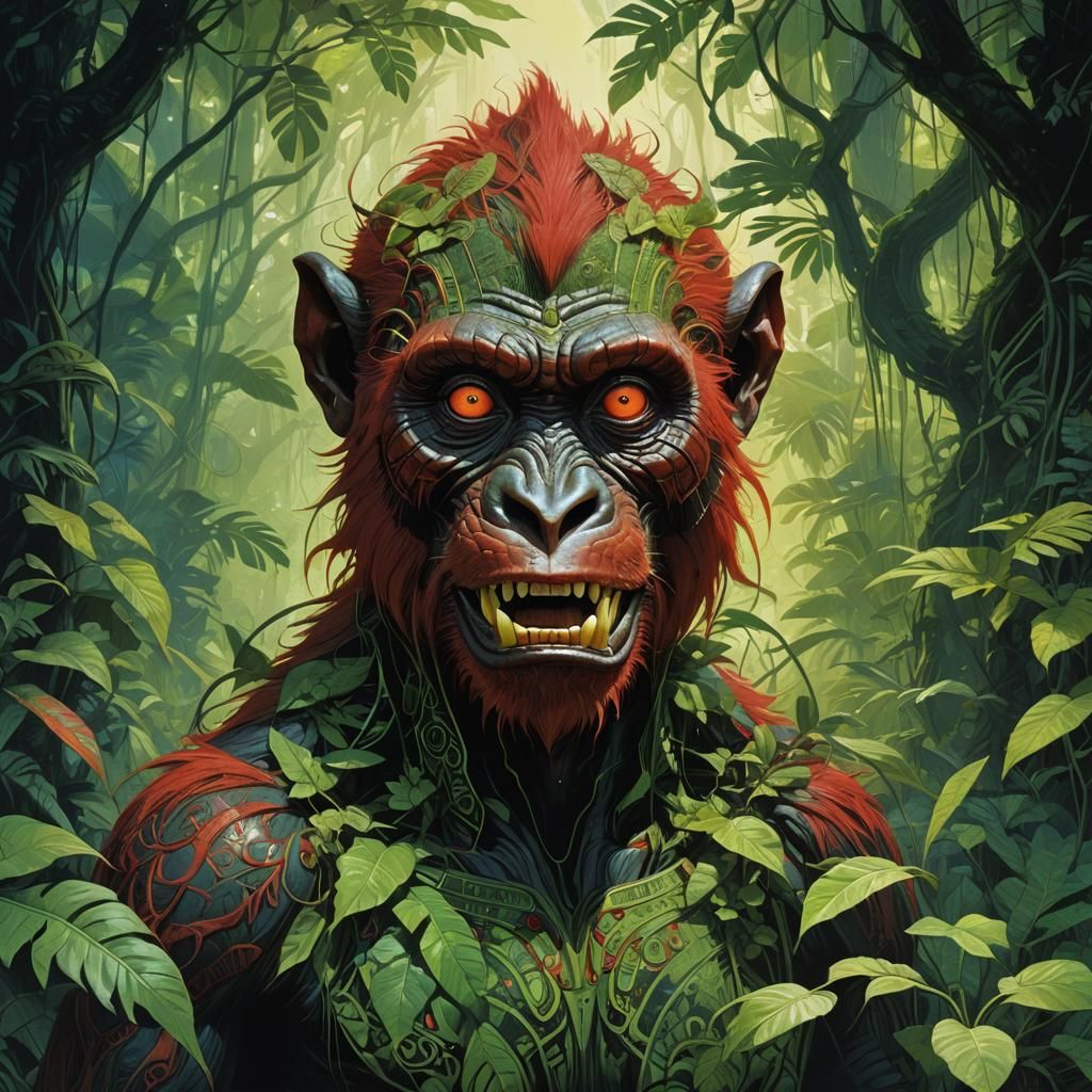 Fierce Red Primate in Futuristic Surreal Style