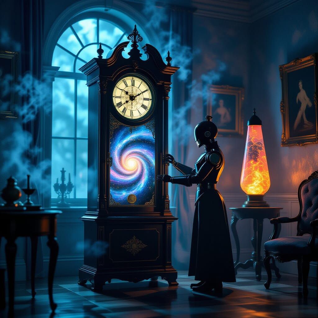Cosmic Clock Keeper Robot in Noir Atmosphere