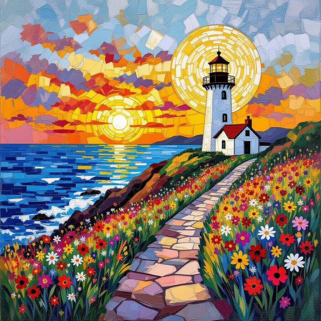 Ocean Cliffside Sunset Path with Wildflowers in Mosaic Style