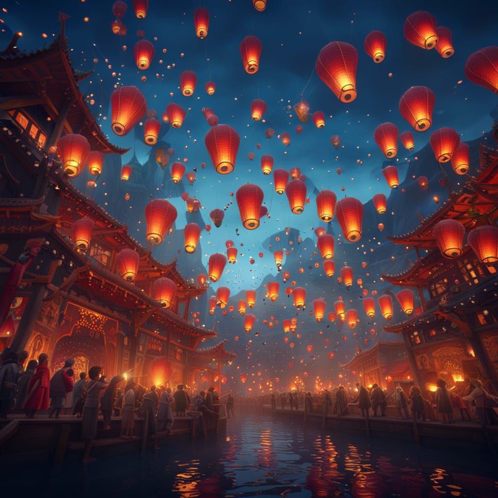 Paper Lanterns Ascend Above Festival: Detailed Matte Paintin...