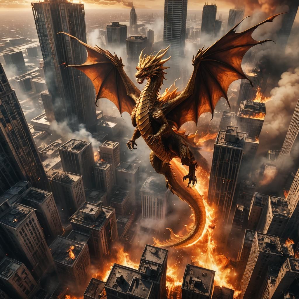 Golden Dragon Soaring Through Burning Cityscape