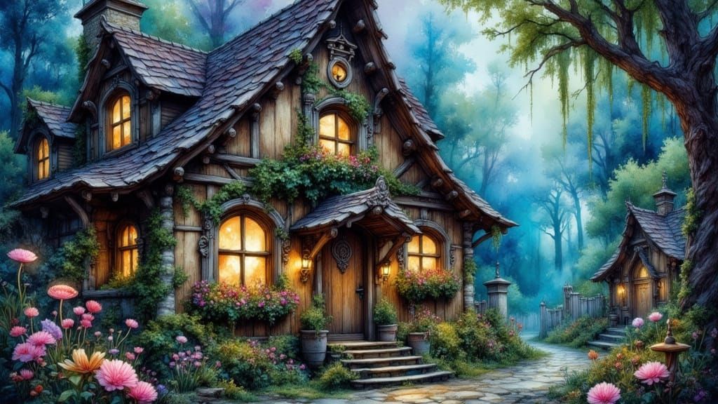 Dark Fantasy Cottage with Glowing Flowers