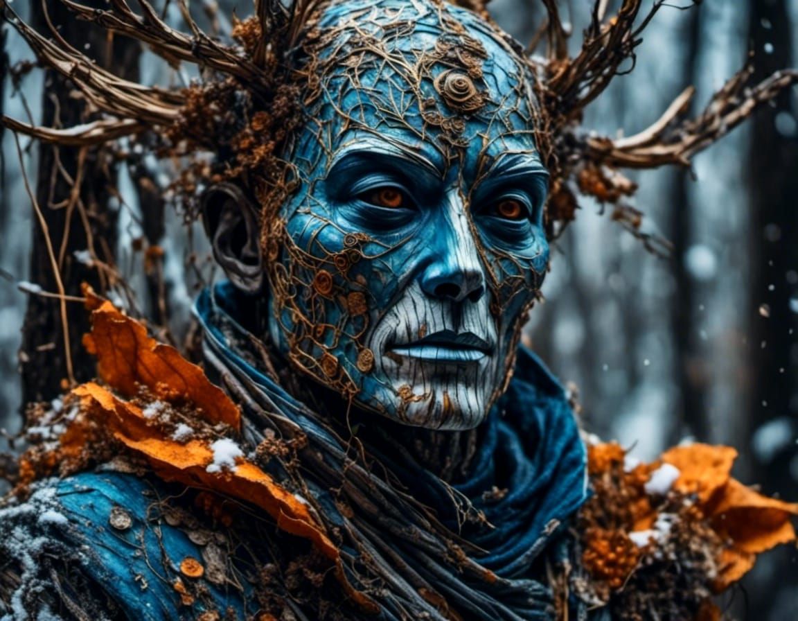 Animatronic Mask Close-Up in Snowy Forest