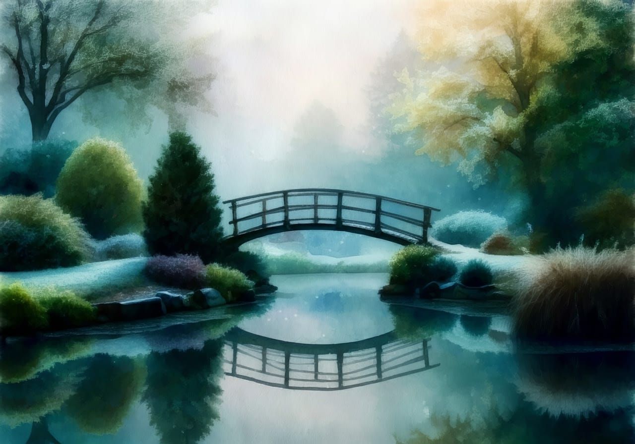 Winter Twilight Watercolor Landscape with Reflective Pond an...