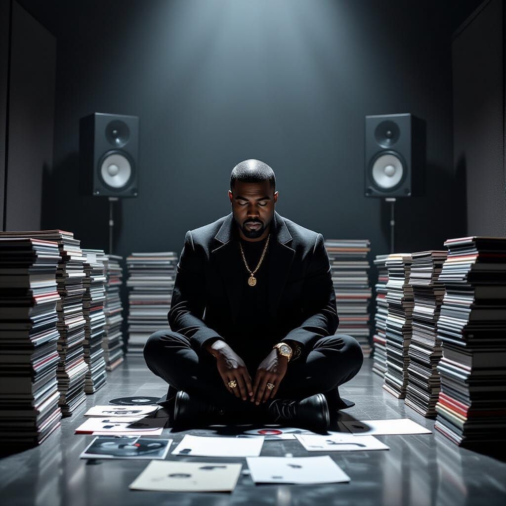 Kanye West in Dimly Lit Studio, Introspective Mood