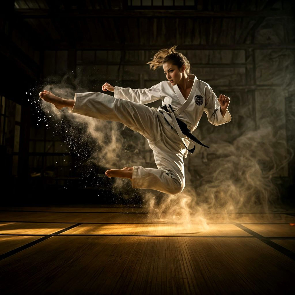 Female Martial Artist Performing a Tornado Kick
