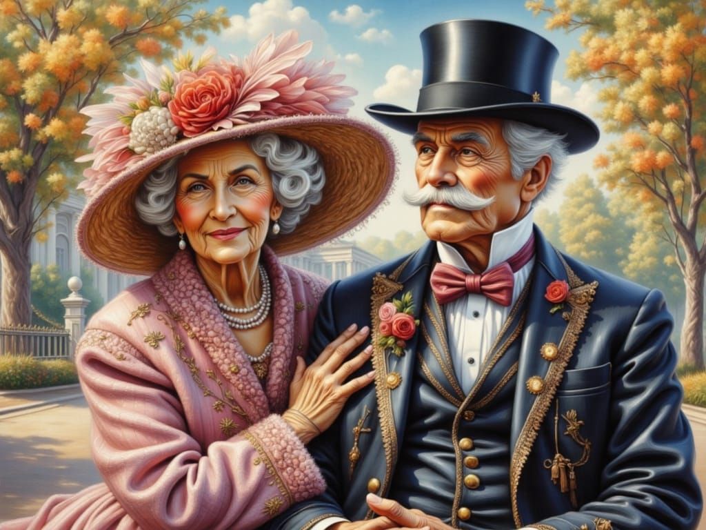 Elderly Couple's Vintage Car Ride in Golden Hour Light