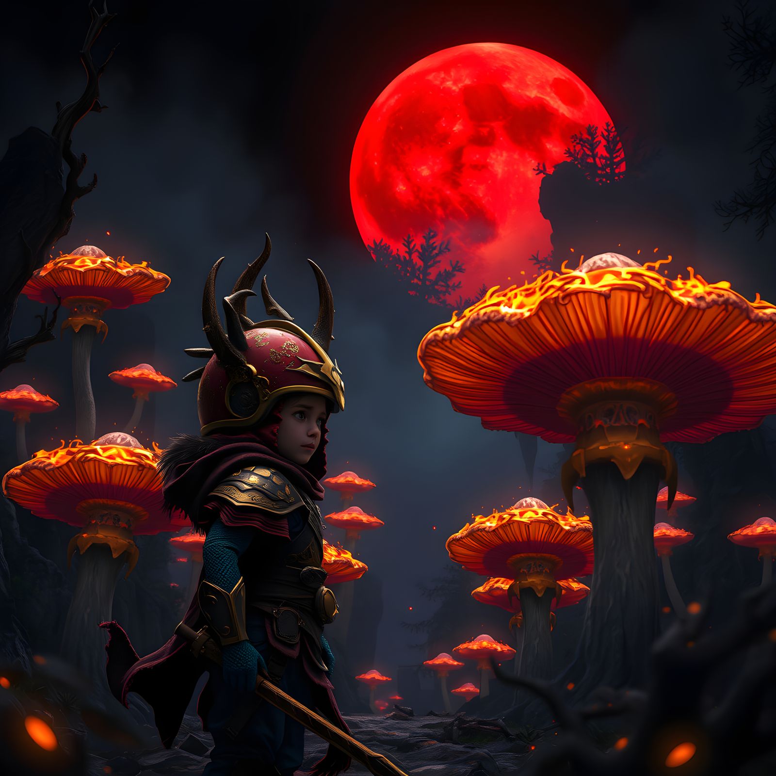 Boy in Burning Forest with Red Moon
