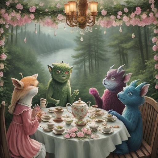 Forest Creatures Tea Party with Flowers