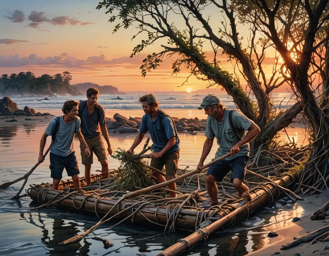 A makeshift raft made of branches and lianas.