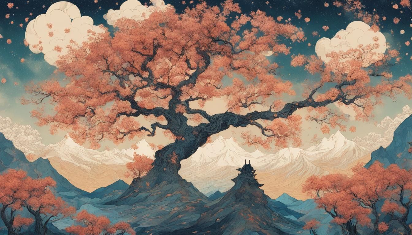 Fantasy Blossom Tree in Astral Japanese Landscape
