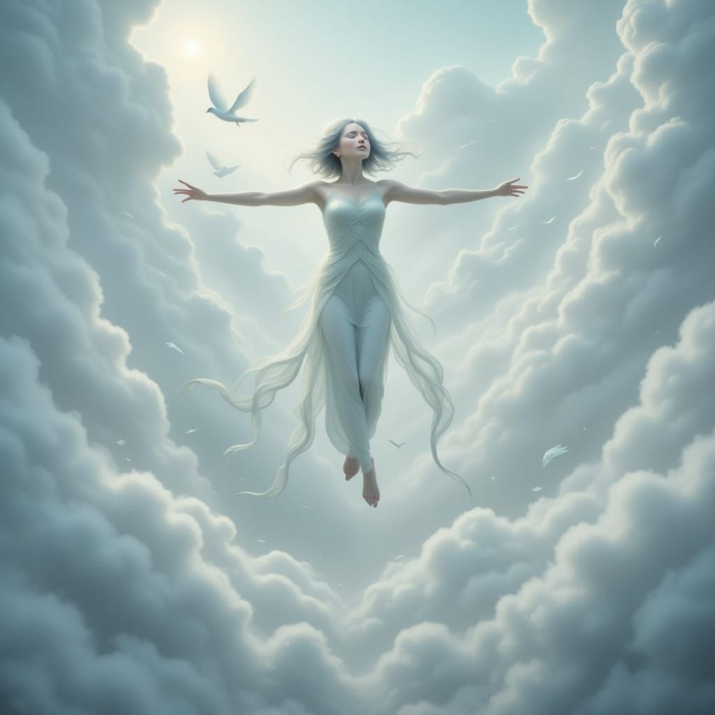 Person Floating in Clouds, Ethereal Dreamscape
