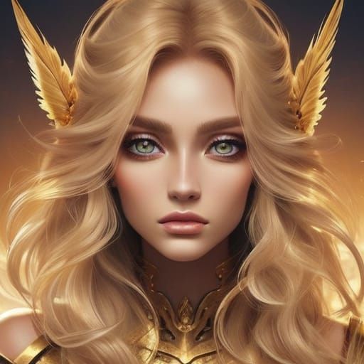 Ethereal Golden Humanoid with Shimmering Eyes - Digital Art