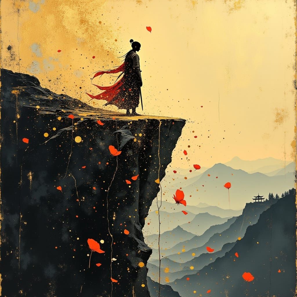 Samurai Dissolving at Cliff Edge in Surreal Illustration