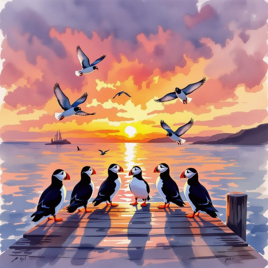 Puffins and Pigeons at Sunset on Pier, Watercolor Painting