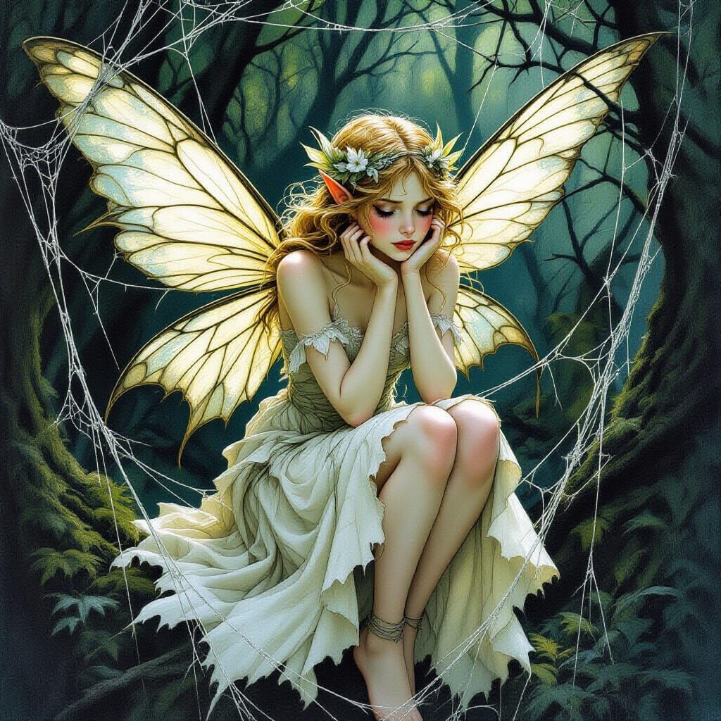 Distressed Fairy in Spiderweb: Ethereal Art
