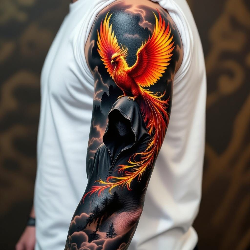 Hyperrealistic Tattoo: Dementor Silhouette & Phoenix Art