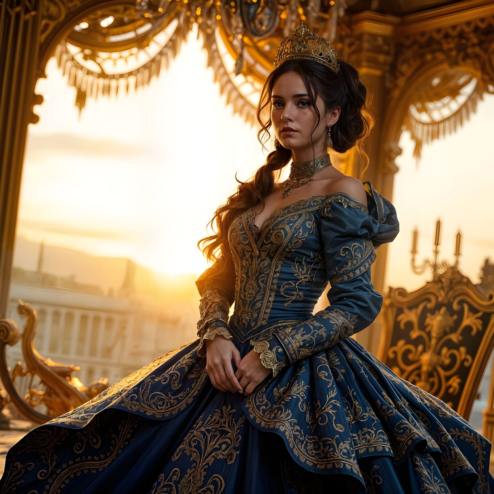 Baroque Woman in Blue Dress: Hyperdetailed Portrait